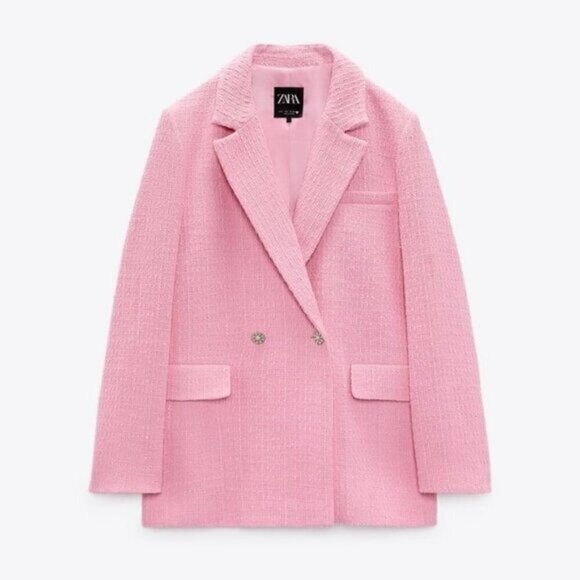 NWT Zara Women's Double Breasted Textured Tweed Blazer Size XXL Pink - Picture 2 of 14